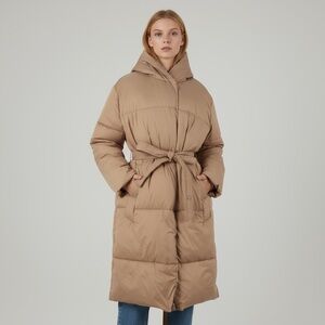 Abercrombie & Fitch Beige Puffer Jacket Quilted Mid-Length High Collar